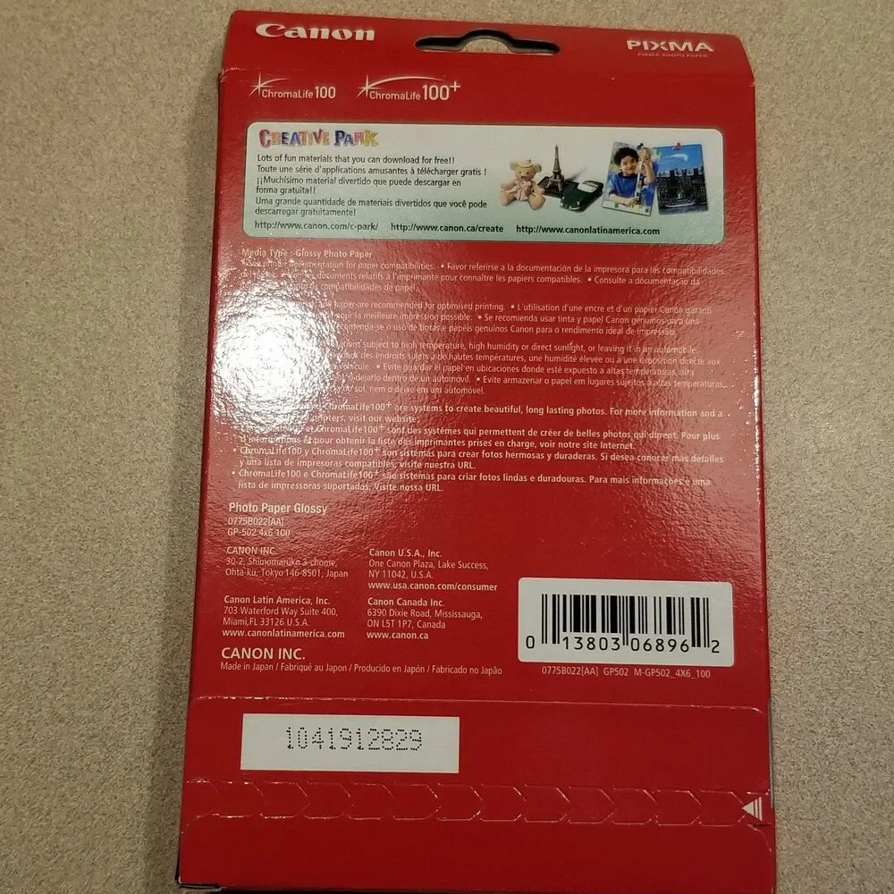 Canon gp-502 glossy photo paper 4x6 100ct new sealed